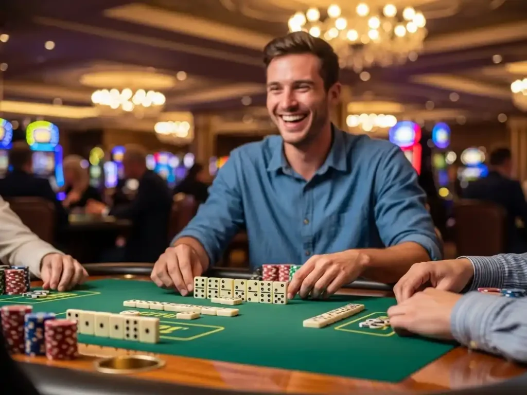 Happy person smiling while playing casino domino using a cash envelope system