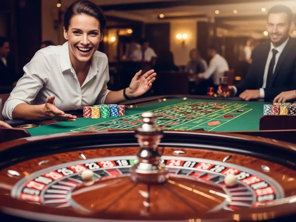 Smiling adult observing a roulette wheel in a bright casino environment, Extreme Cash theme