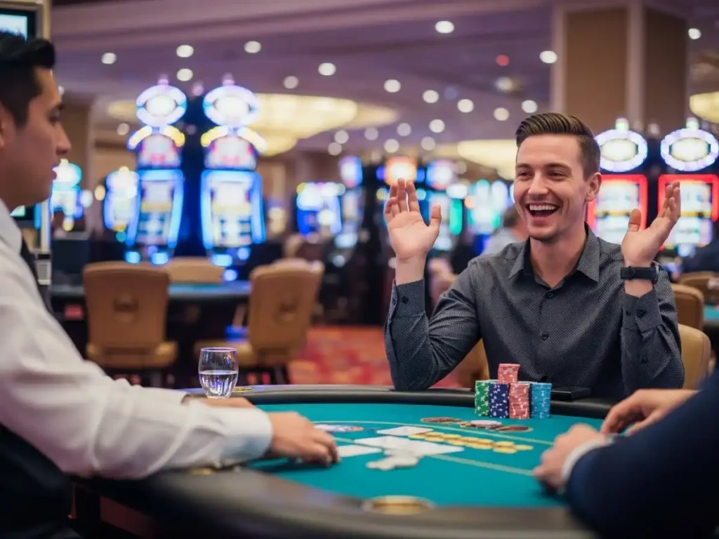 Smiling person playing poker and winning chips