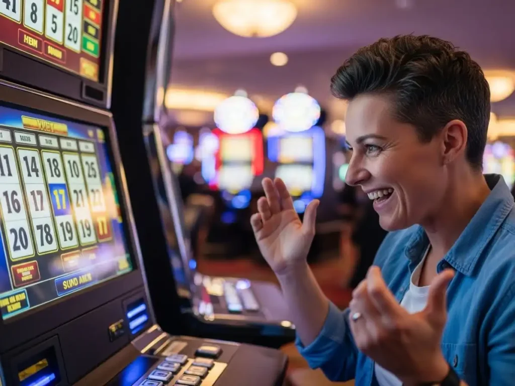 Excited adult enjoying a casino keno game with digital displays and colorful lighting, extreme gaming