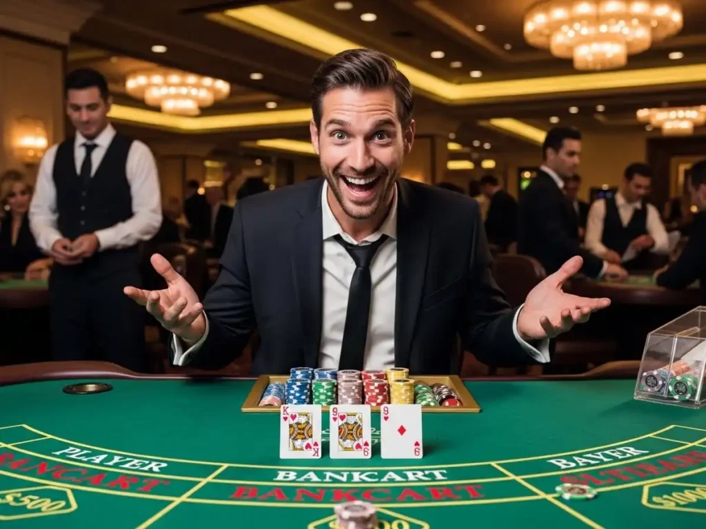 Confident happy adult watching baccarat cards on a casino table, Manila Dream Play visual