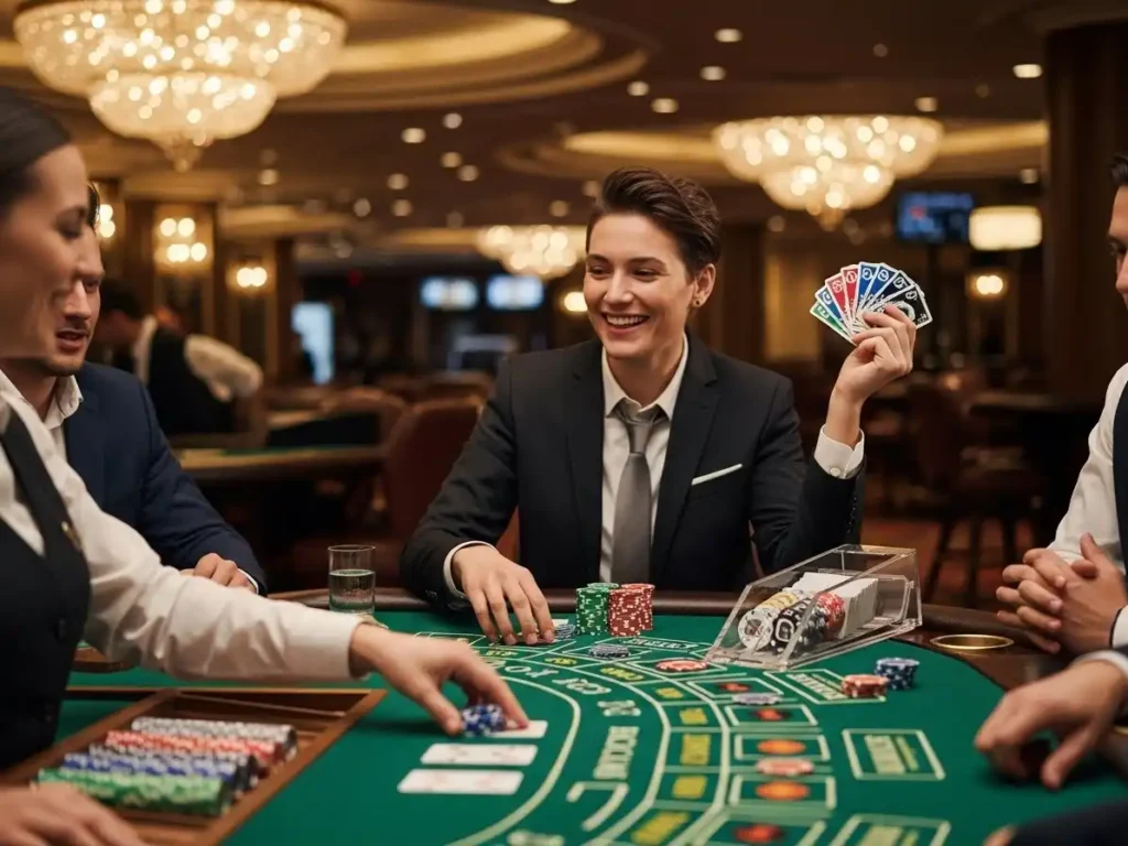 Smiling adult seated at a casino baccarat table under warm lighting, Manila Dream Play theme