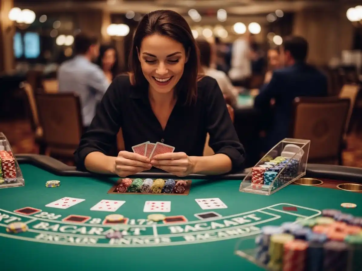 Happy adult person smiling while playing casino baccarat at a table with cards and chips, Manila Dream Play