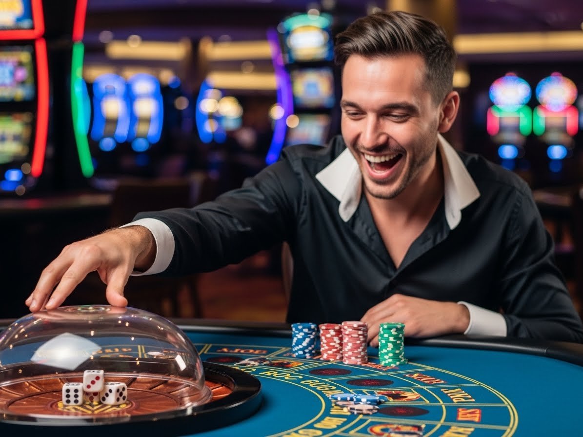 Happy adult person smiling while playing casino sic bo at a gaming table with dice, manila plays