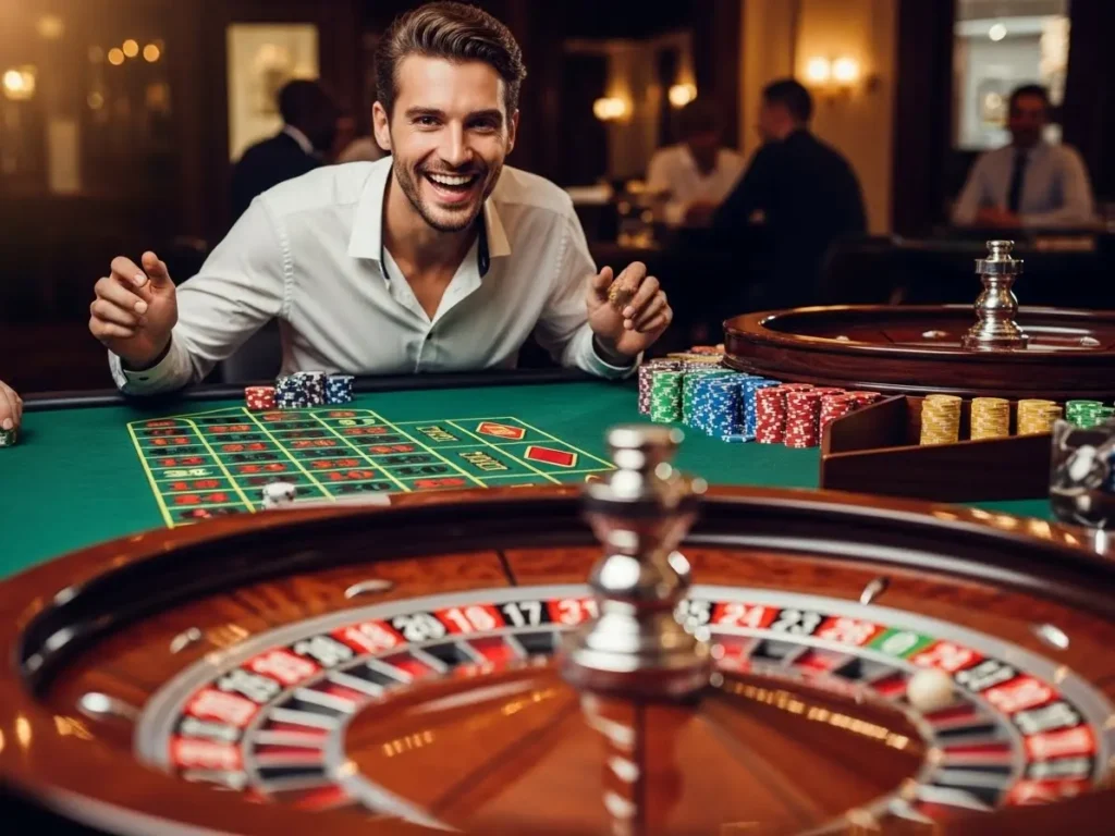 Confident happy adult at a roulette table in a luxury casino setting, Extreme Cash visual