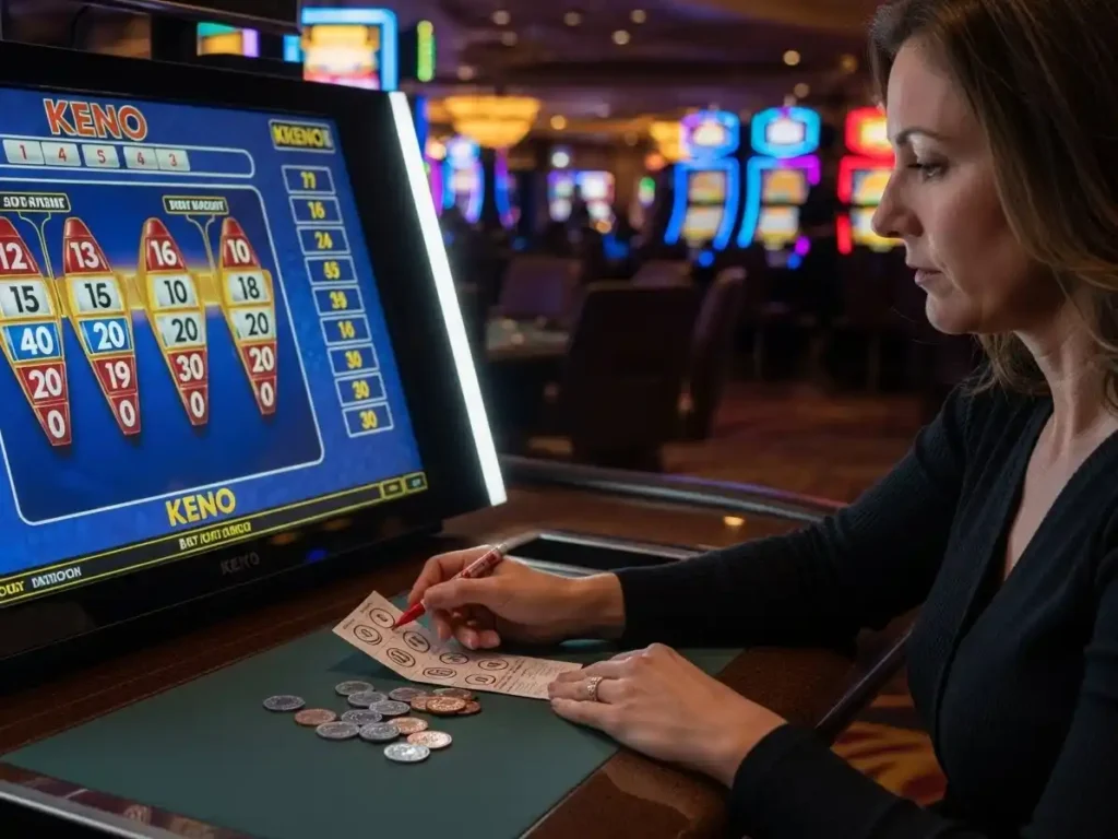 Close-up of hands marking Keno numbers with Jili Slot Games interface