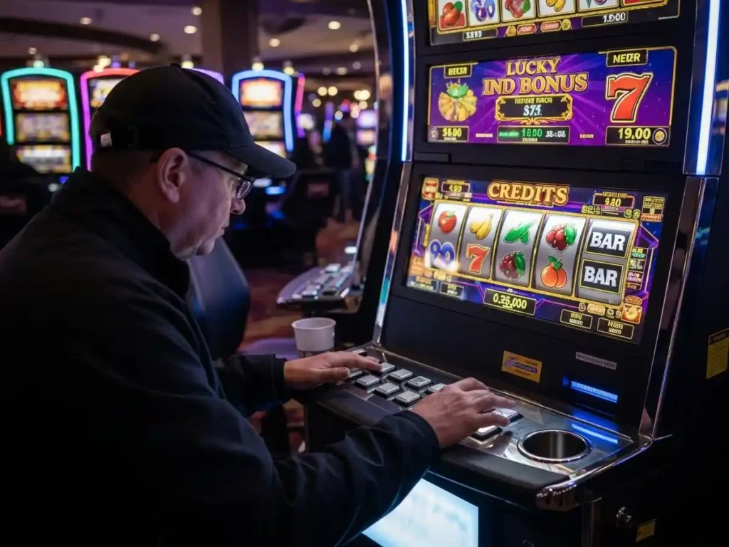 Close-up of hands spinning slot reels on Bingo Plus