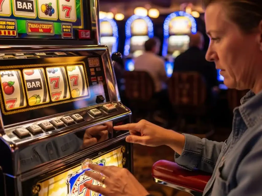 Close-up of hands spinning classic casino slot reels