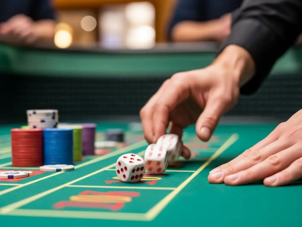 Close-up of hands throwing dice at an online casino table