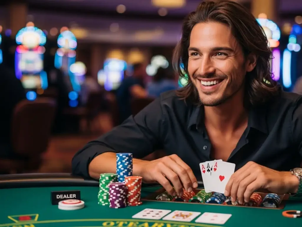 Smiling adult player holding poker cards at a casino table under warm lighting, manila play theme