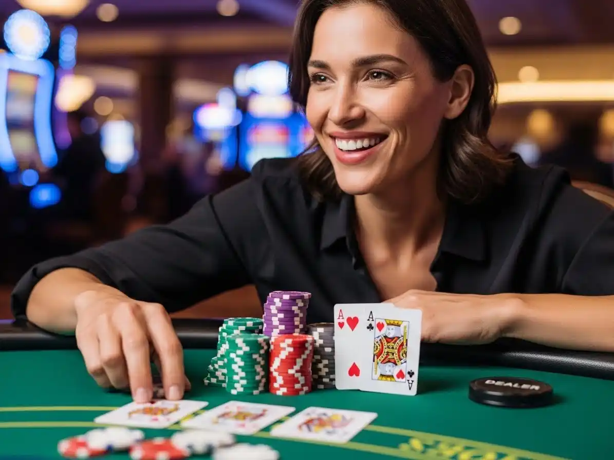 Happy adult person smiling while playing casino poker at a gaming table with cards and chips, manila play