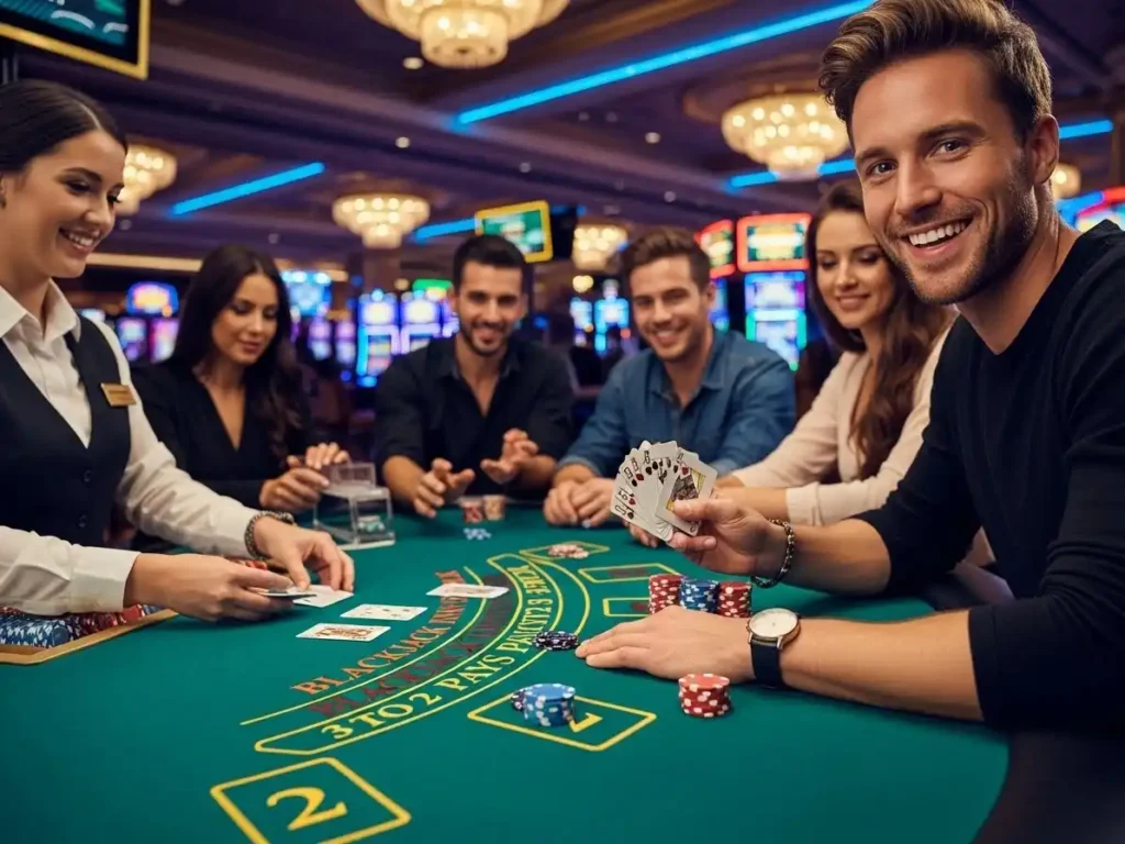 Excited adult enjoying a casino blackjack 21 game with chips on the table and dealer nearby, Apex Game Play