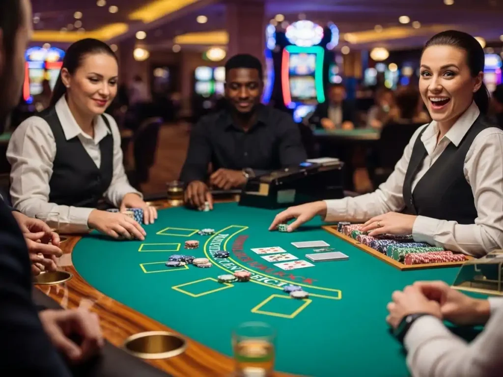 Confident happy adult holding blackjack cards at a modern casino table, Apex Game Play visual