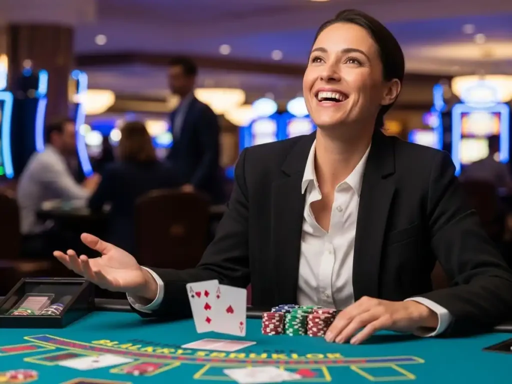Smiling adult player seated at a casino blackjack 21 table under warm lighting, Apex Game Play theme
