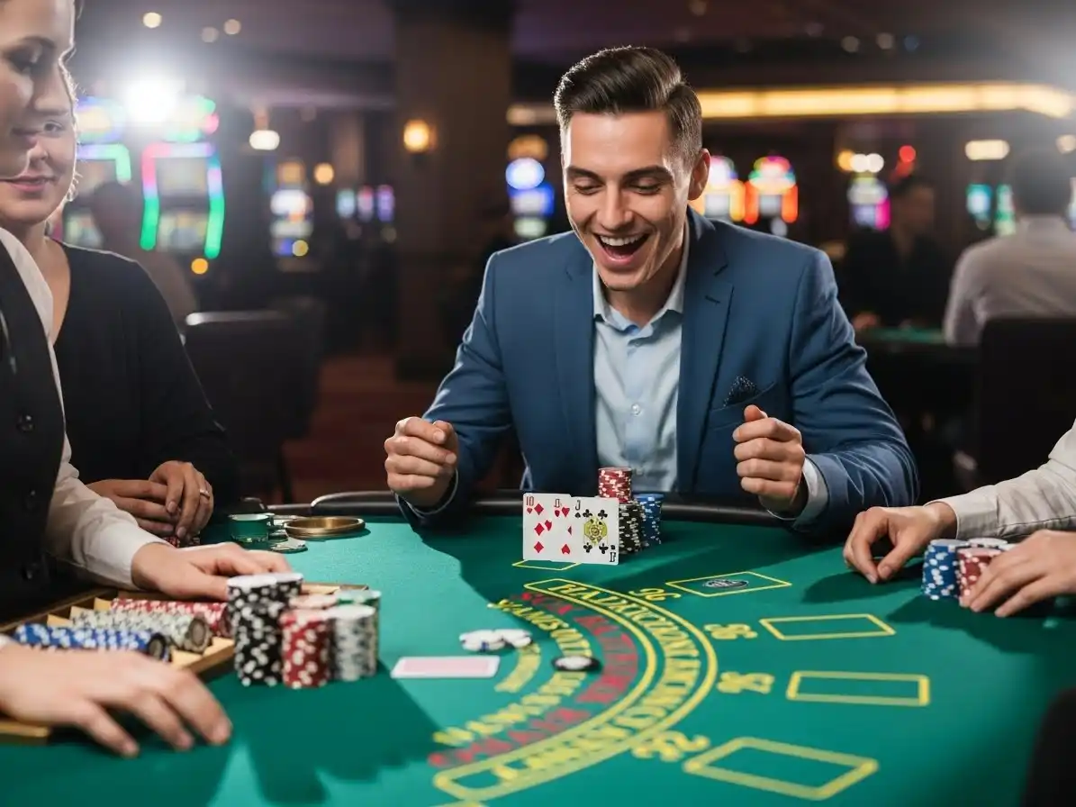Happy adult person smiling while playing casino blackjack 21 at a gaming table with cards and chips, Apex Game Play