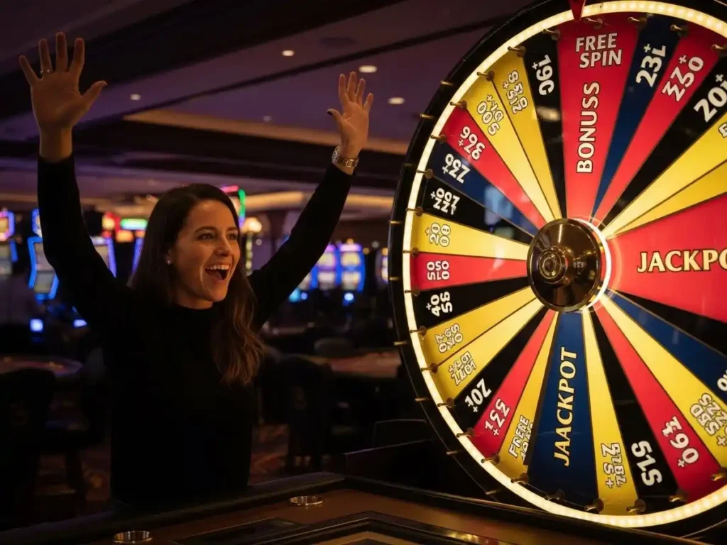 Excited adult celebrating near a casino wheel of fortune game with dynamic lighting, tmtplay registrationsz