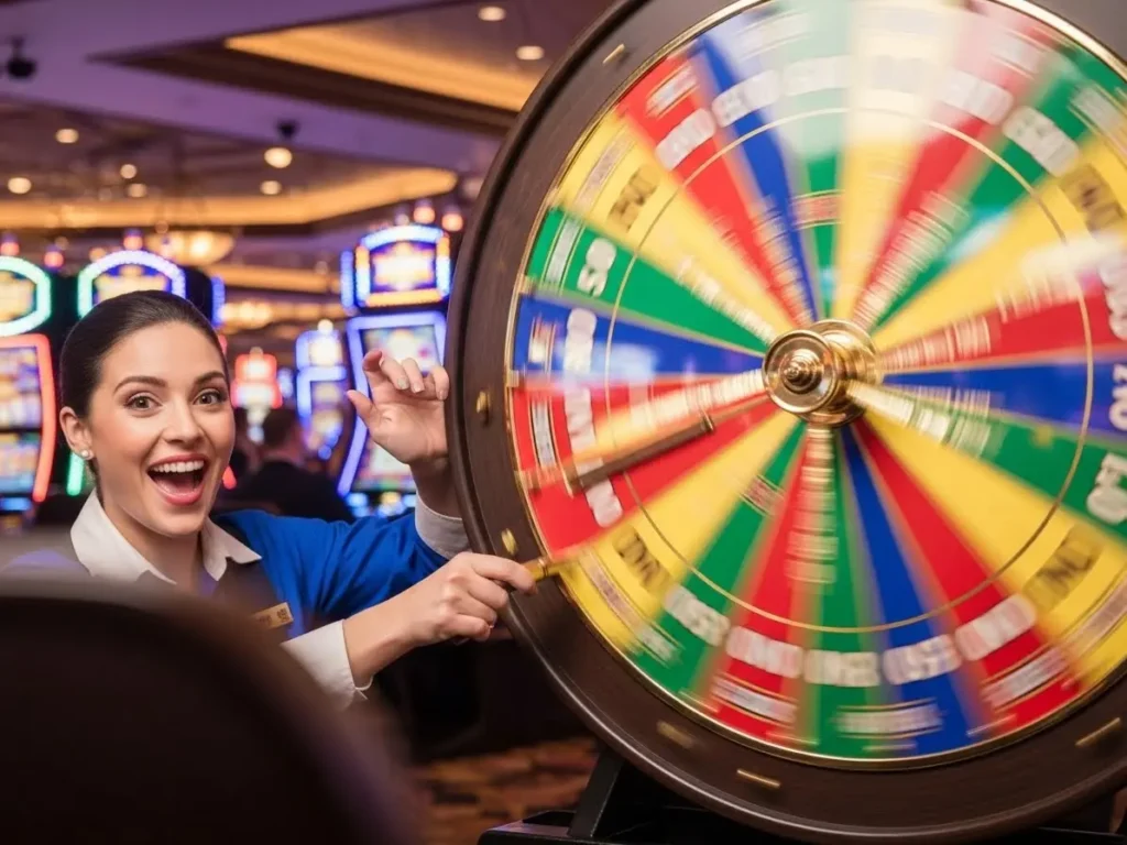 Smiling adult watching a large casino wheel of fortune spin under vibrant lights, tmtplay registrations