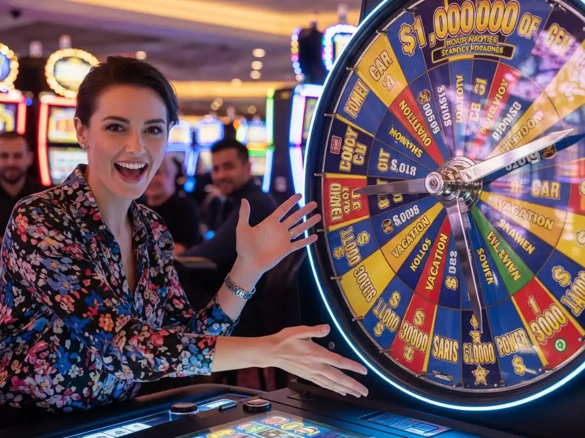 Happy adult person smiling while playing a casino wheel of fortune game with colorful spinning wheel, tmtplay registrations