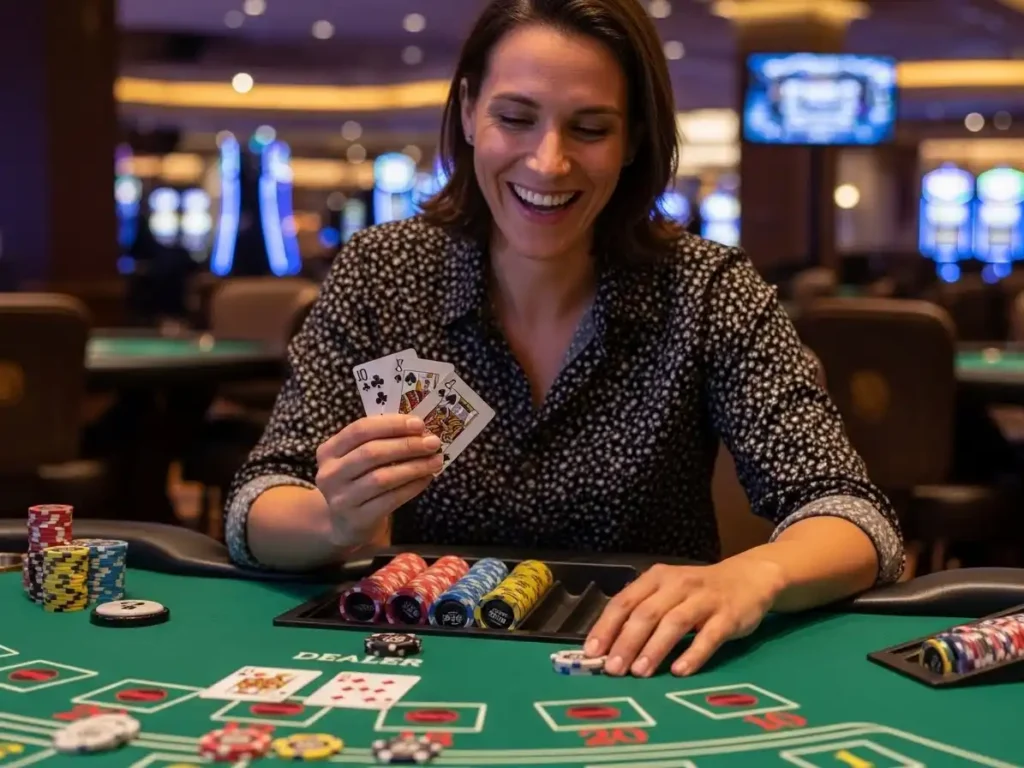 Smiling adult player holding cards at a Three Card Poker table in a modern casino setting, ph444 apps