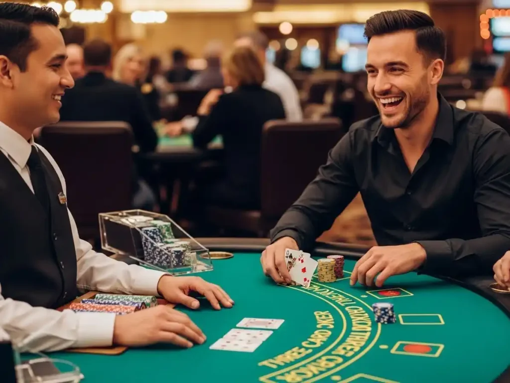 Happy adult person smiling while playing casino Three Card Poker at a table with cards and chips, ph444 apps