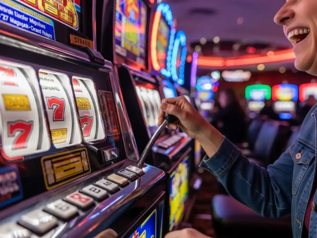 miling adult player pressing buttons on a classic slot machine in a modern casino, tmt tbes