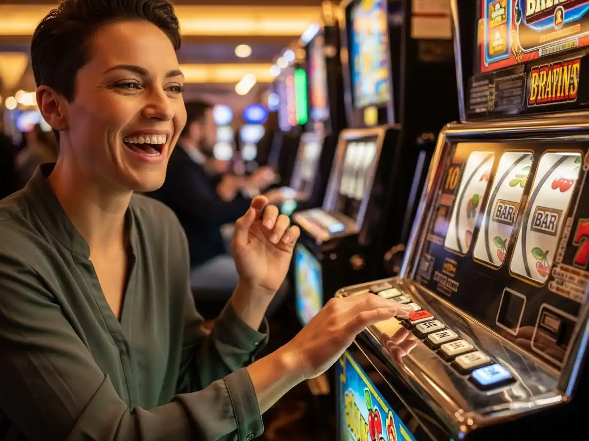 Happy adult person smiling while playing classic casino slot machines with bright lights and colorful reels, tmt tbes
