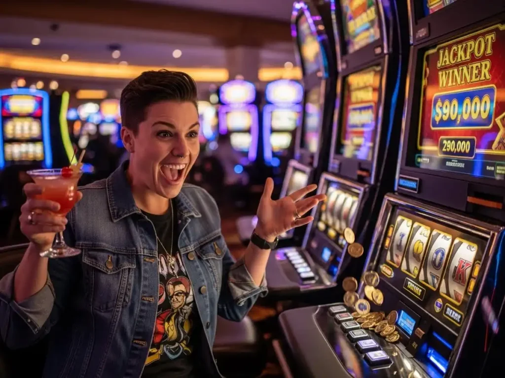 Confident happy adult standing near a row of progressive slot machines with flashing lights, TMT Games