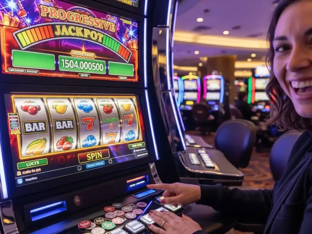 Smiling adult player pressing buttons on a progressive slot machine with bright lights, TMT Games