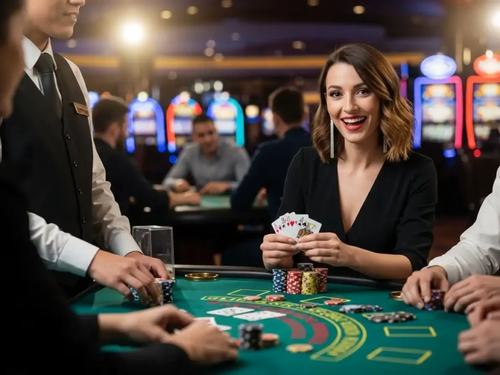 Smiling adult player holding cards and interacting at a casino gambling table, tmt cash1
