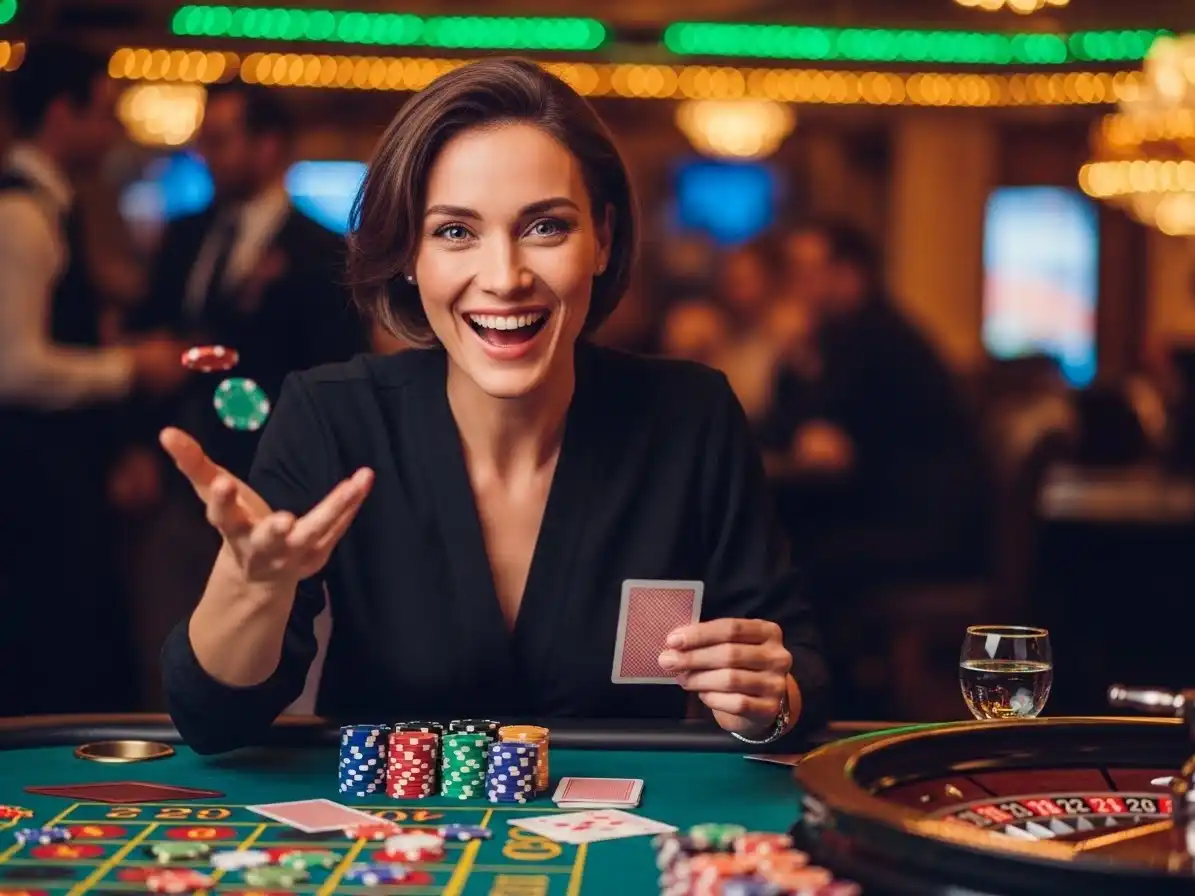 Happy adult person smiling while playing a casino gambling game at a table with cards and chips, tmt cash1