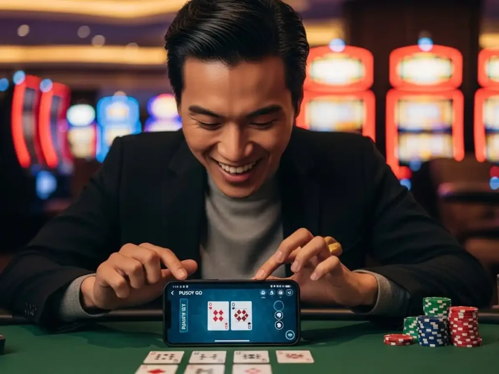 Excited adult enjoying a casino Pusoy Go game with cards laid out on the table, ExtremeGaming