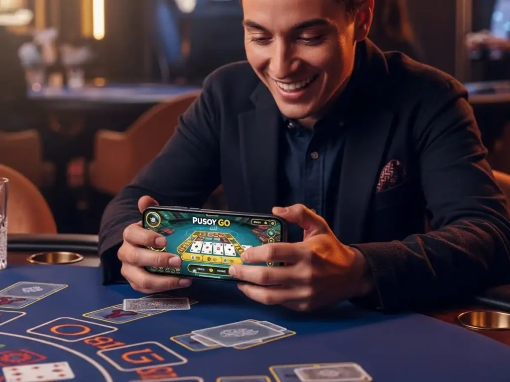 Confident happy adult seated at a casino Pusoy Go table in a modern gaming environment, ExtremeGaming