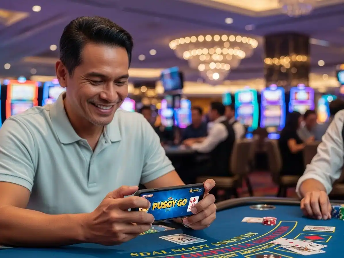 Happy adult person smiling while playing casino Pusoy Go at a card table with cards and chips, ExtremeGaming