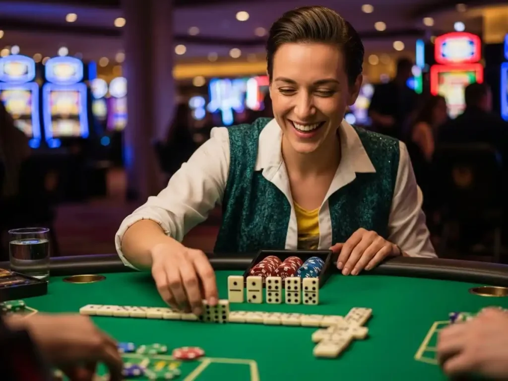 Smiling player enjoying digital casino domino entertainment via merryph links
