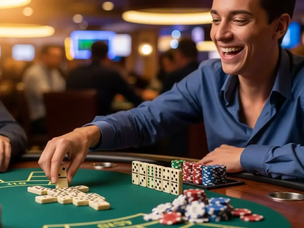 Cheerful person playing online casino domino game using merryph links