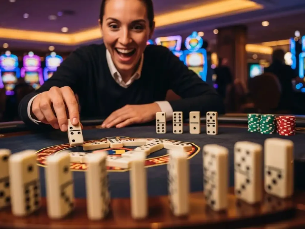 Excited casino domino player celebrating a winning moment on merryph links