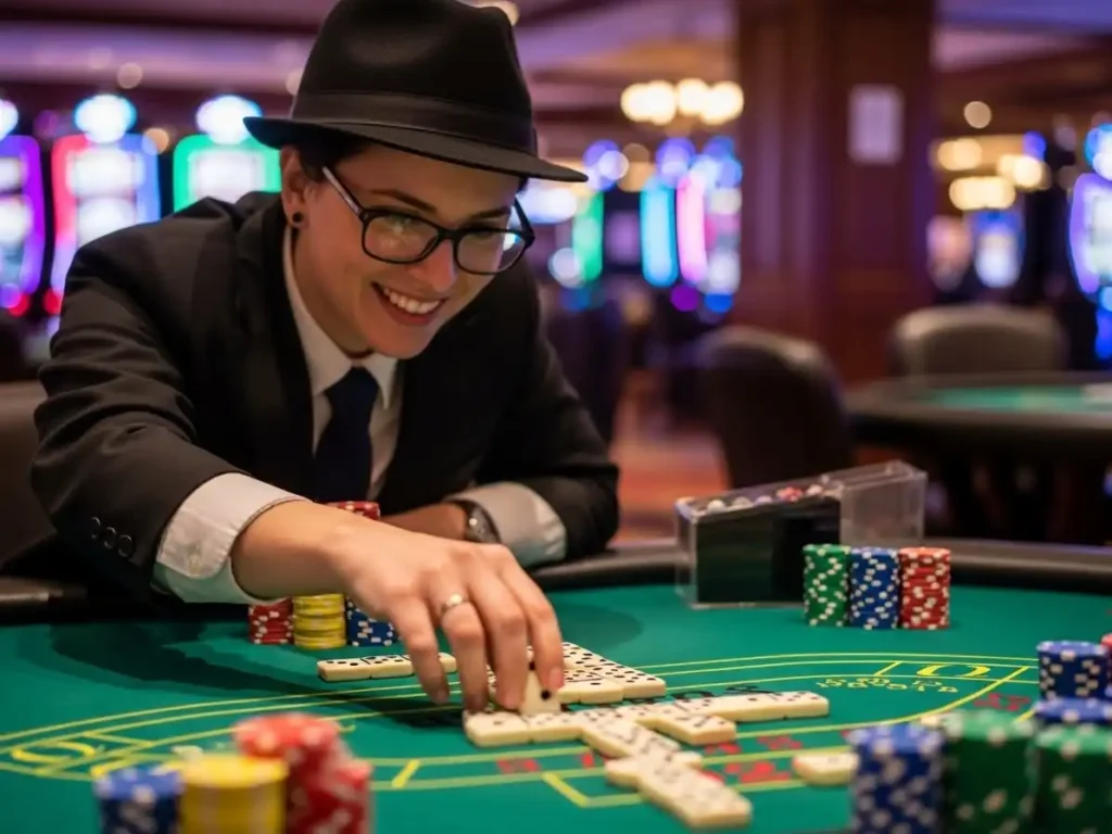 Happy person smiling while playing casino domino online through merryph links