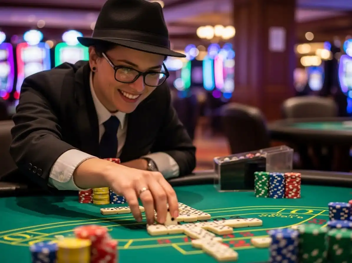 Happy person smiling while playing casino domino online through merryph links