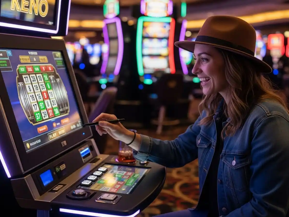 Happy adult person smiling while playing casino keno in a bright gaming environment, extreme gaming concept