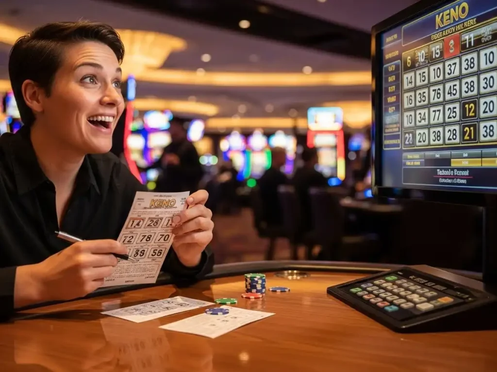miling adult player viewing a casino keno board with illuminated numbers, extreme gaming theme